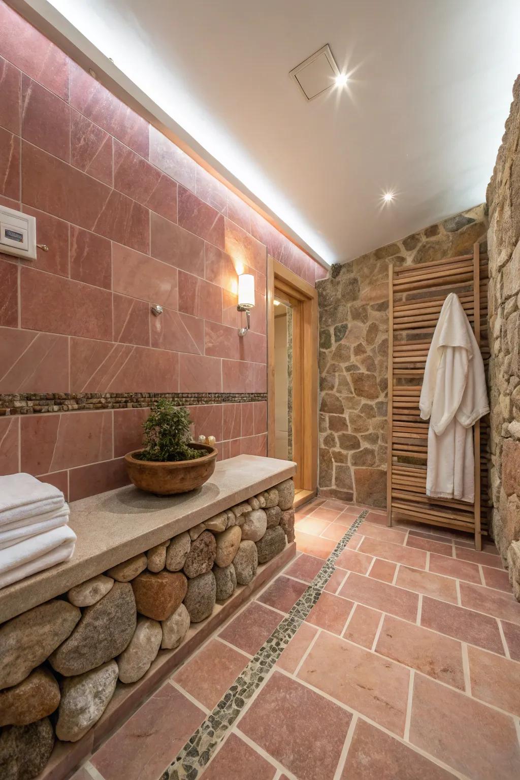 An organic integration of earthy rosy tiles and natural stone.