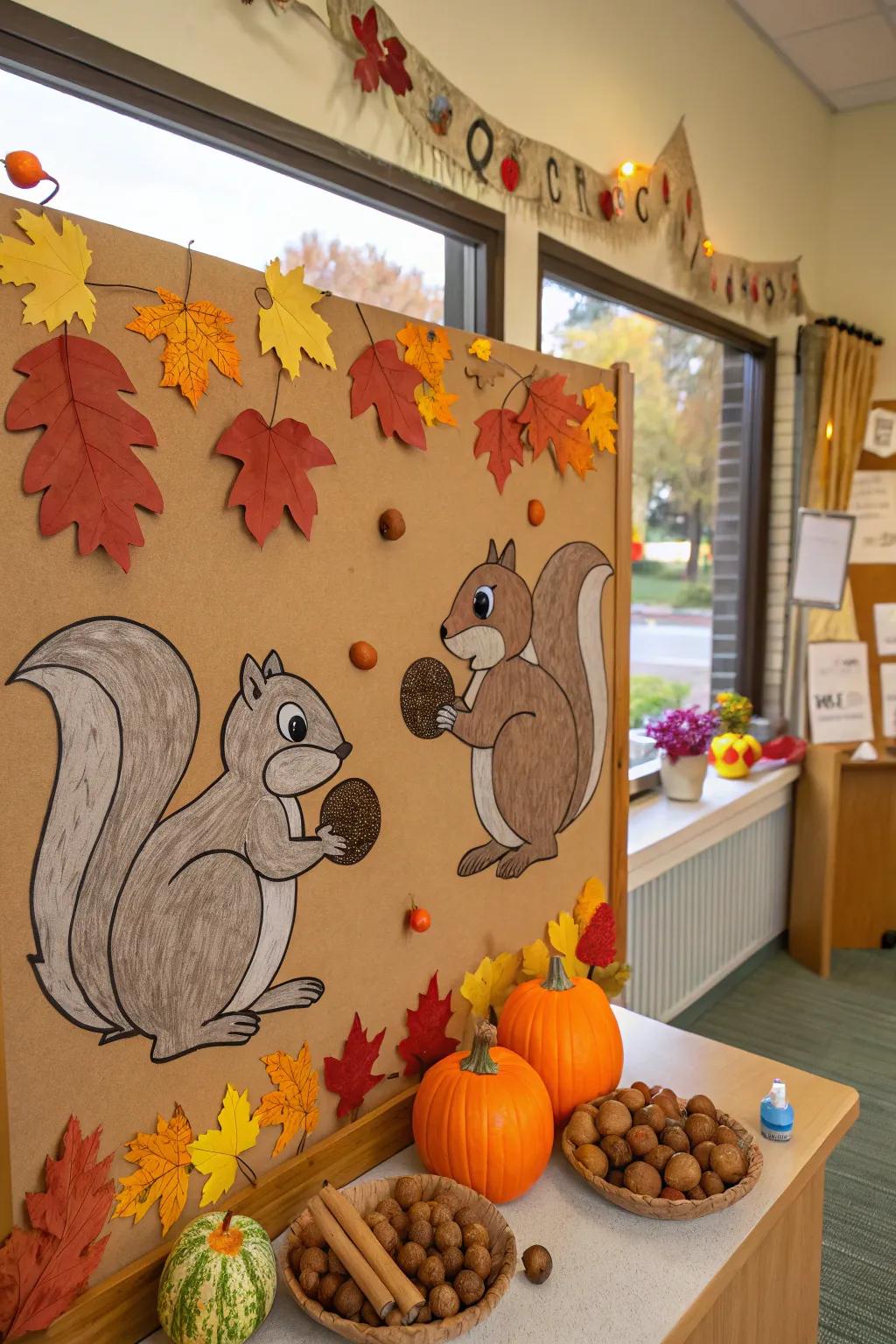 A whimsical fall bulletin board featuring squirrels and nuts.