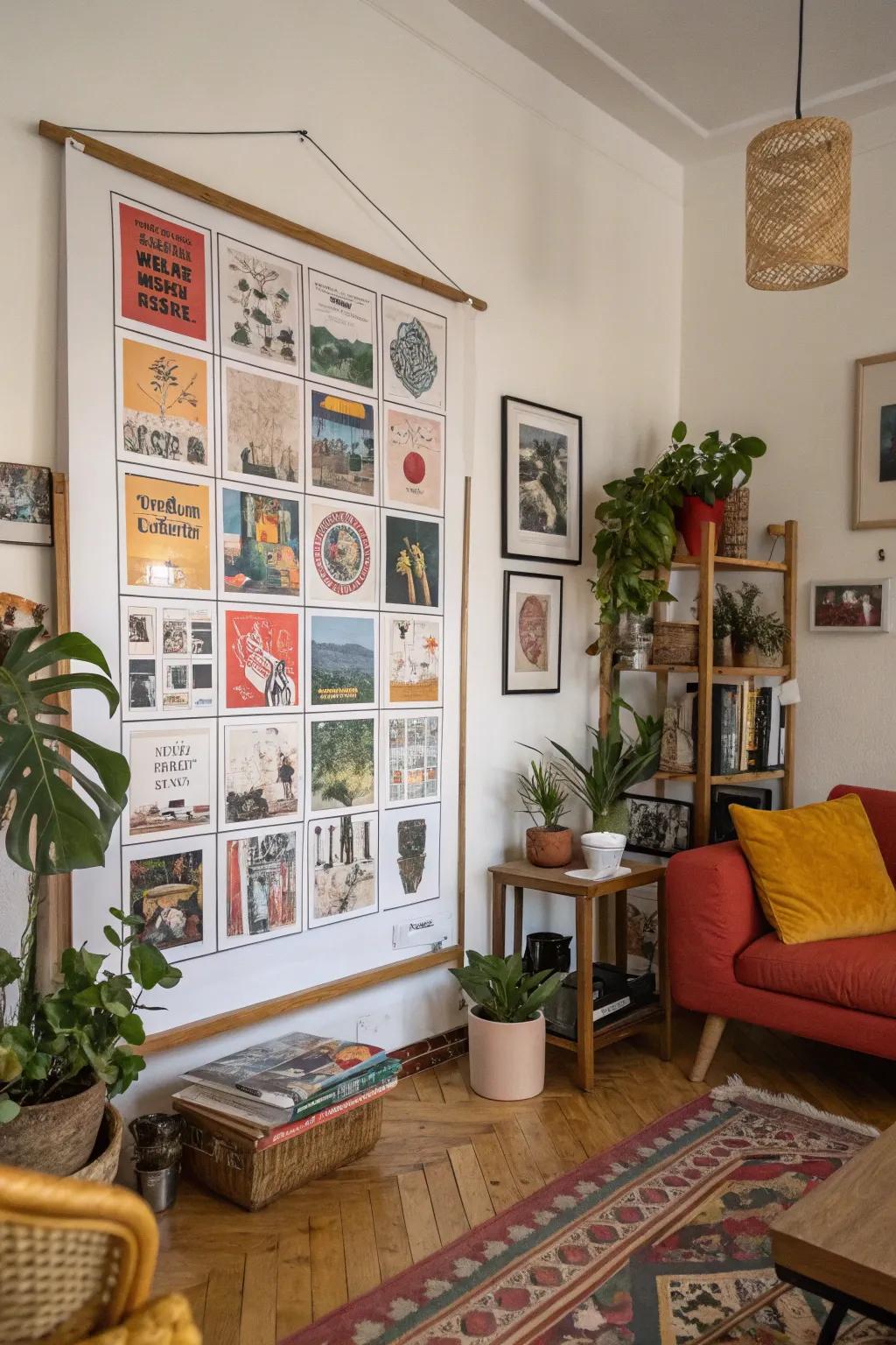 A poster using a quirky grid balancing a varied living room.