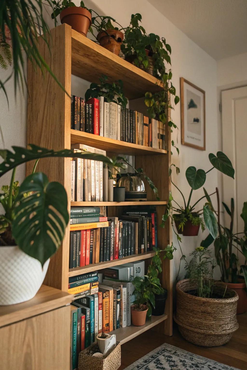 A bookshelf botanical display combining literature and nature.