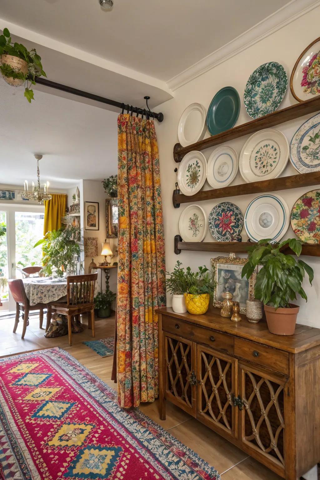 An eclectic dining area showcasing a vibrant plate rail presentation