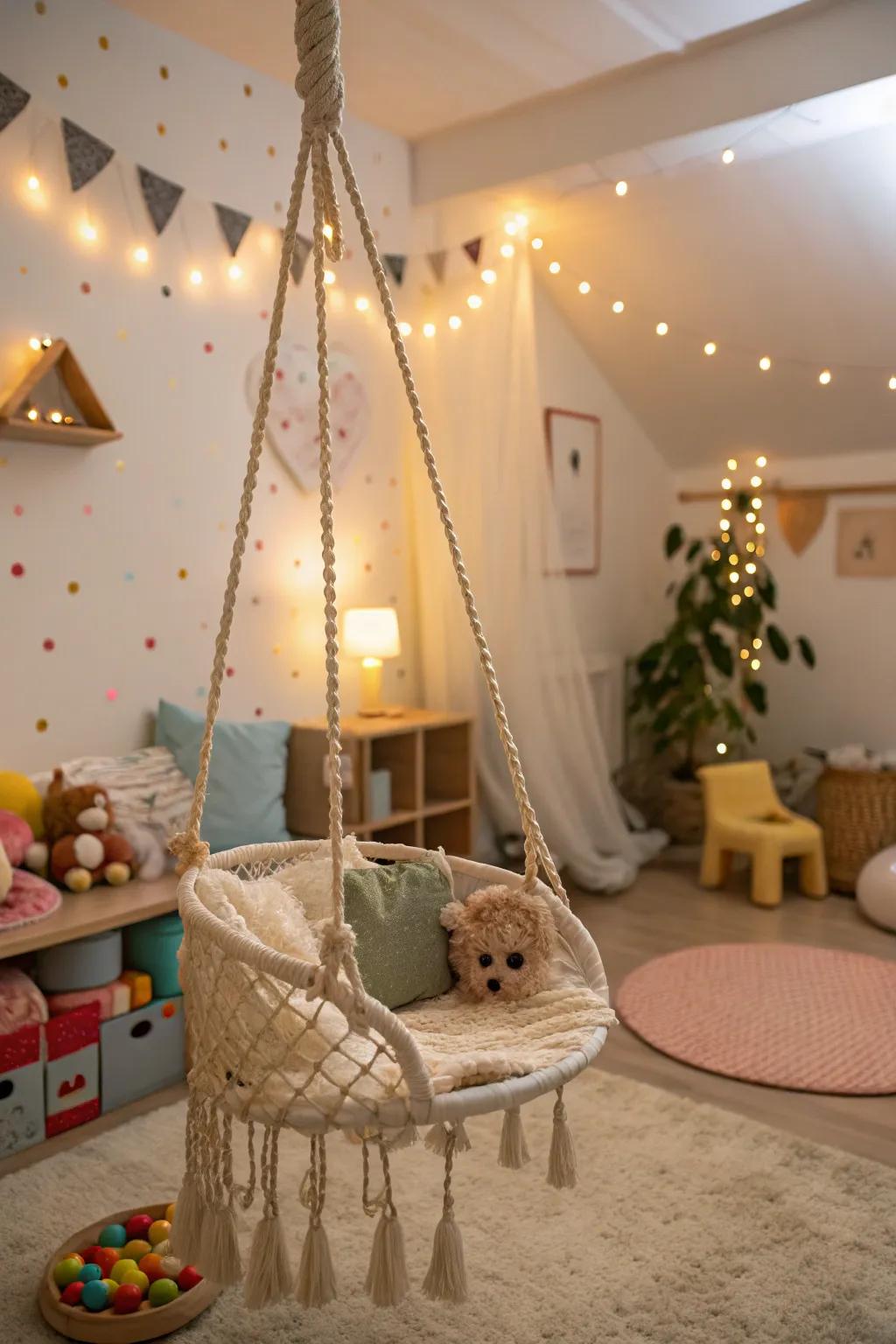 A playful swing enhances the enjoyment of the playroom.