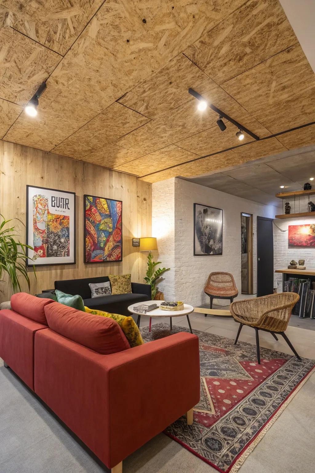A playful textured plywood ceiling that adds personality to the room.