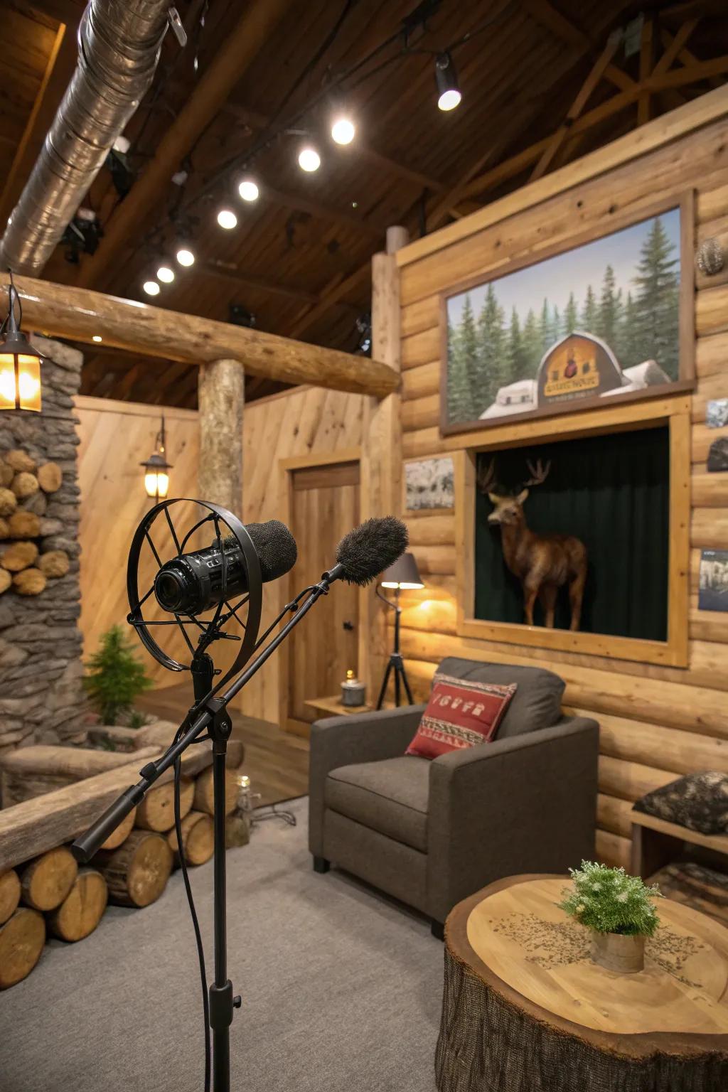 A podcast studio with a rustic theme.