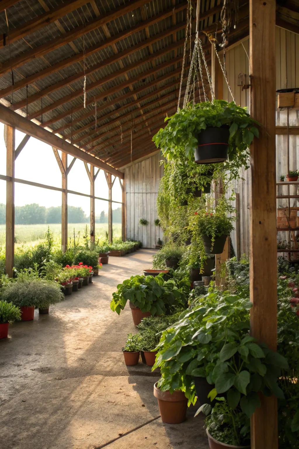 An interior garden inside a pole barn featuring potted plants and suspended greenery.