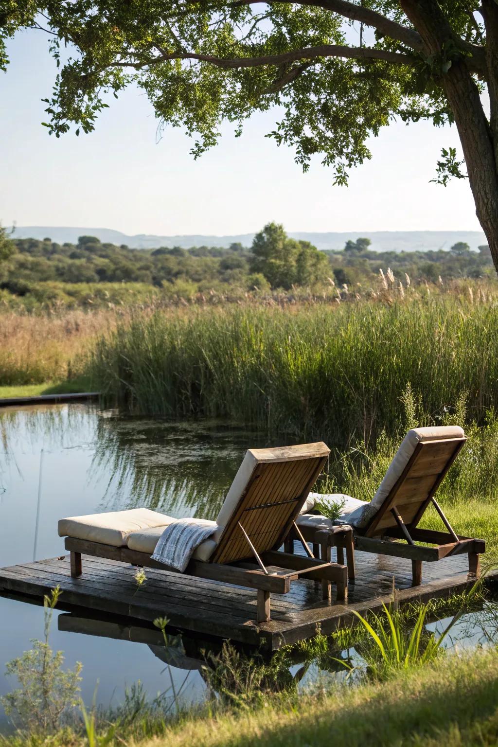 Lounge chairs present a snug spot for sunbathing by the pond.