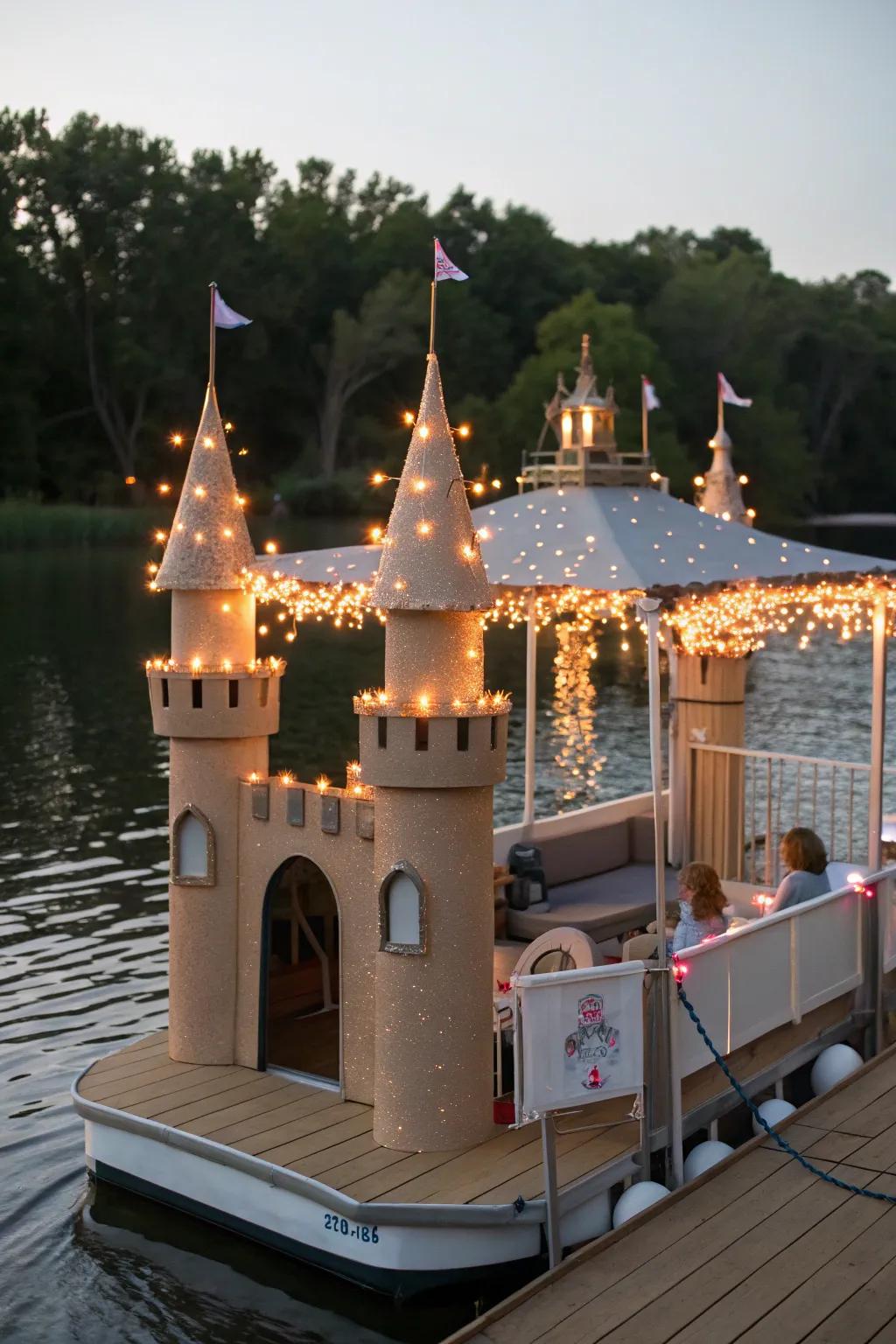 A pontoon boat designed as a fable palace, showcasing enchanting minarets.