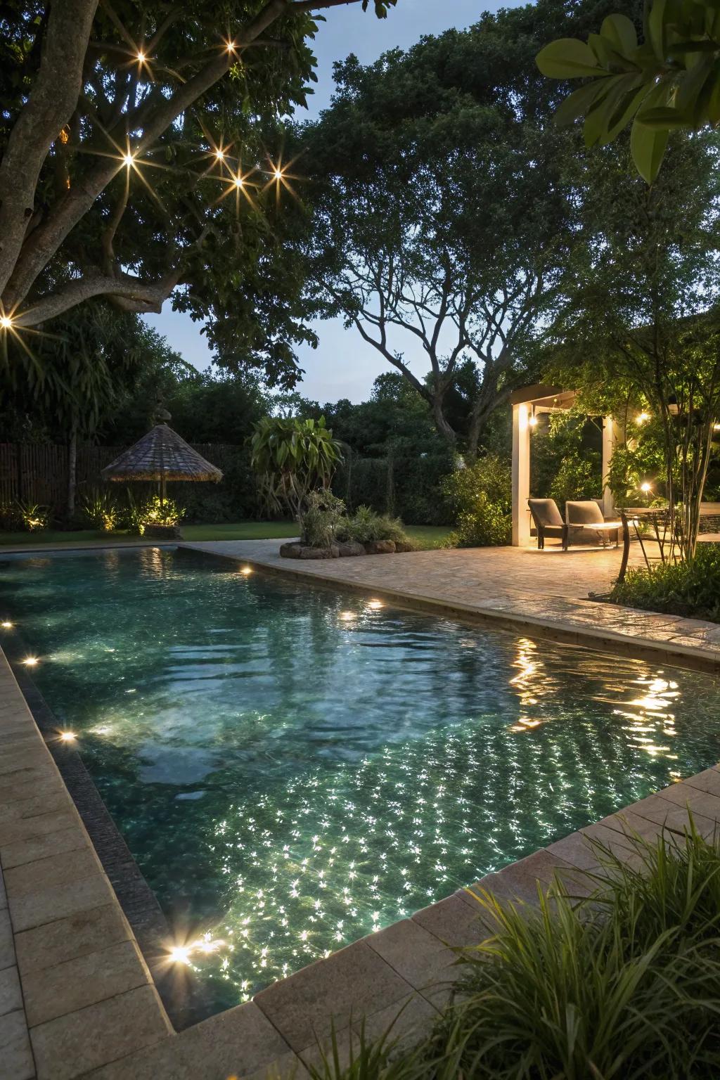 Reflective illumination begets a shimmering aquatic phenomenon during the night.