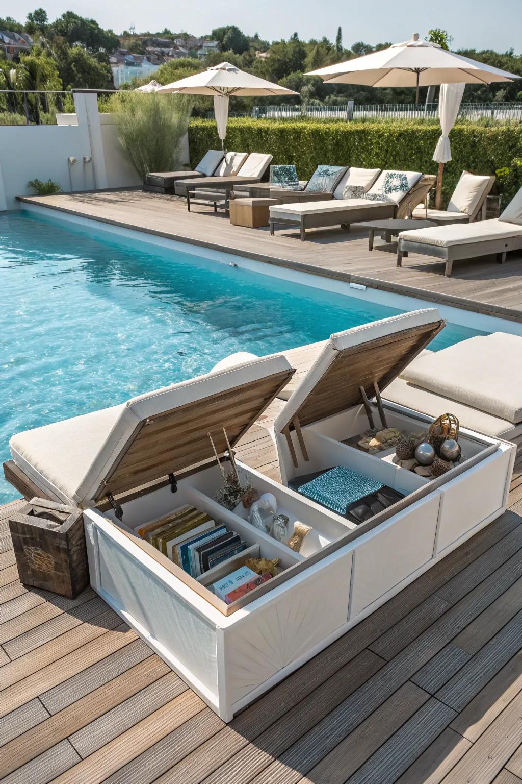 With hidden storage in pool deck furniture, it's tidy and organized.