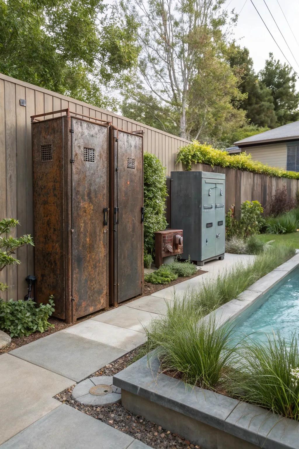 Reclaimed metal panels contributing an industrial charm to the garden.