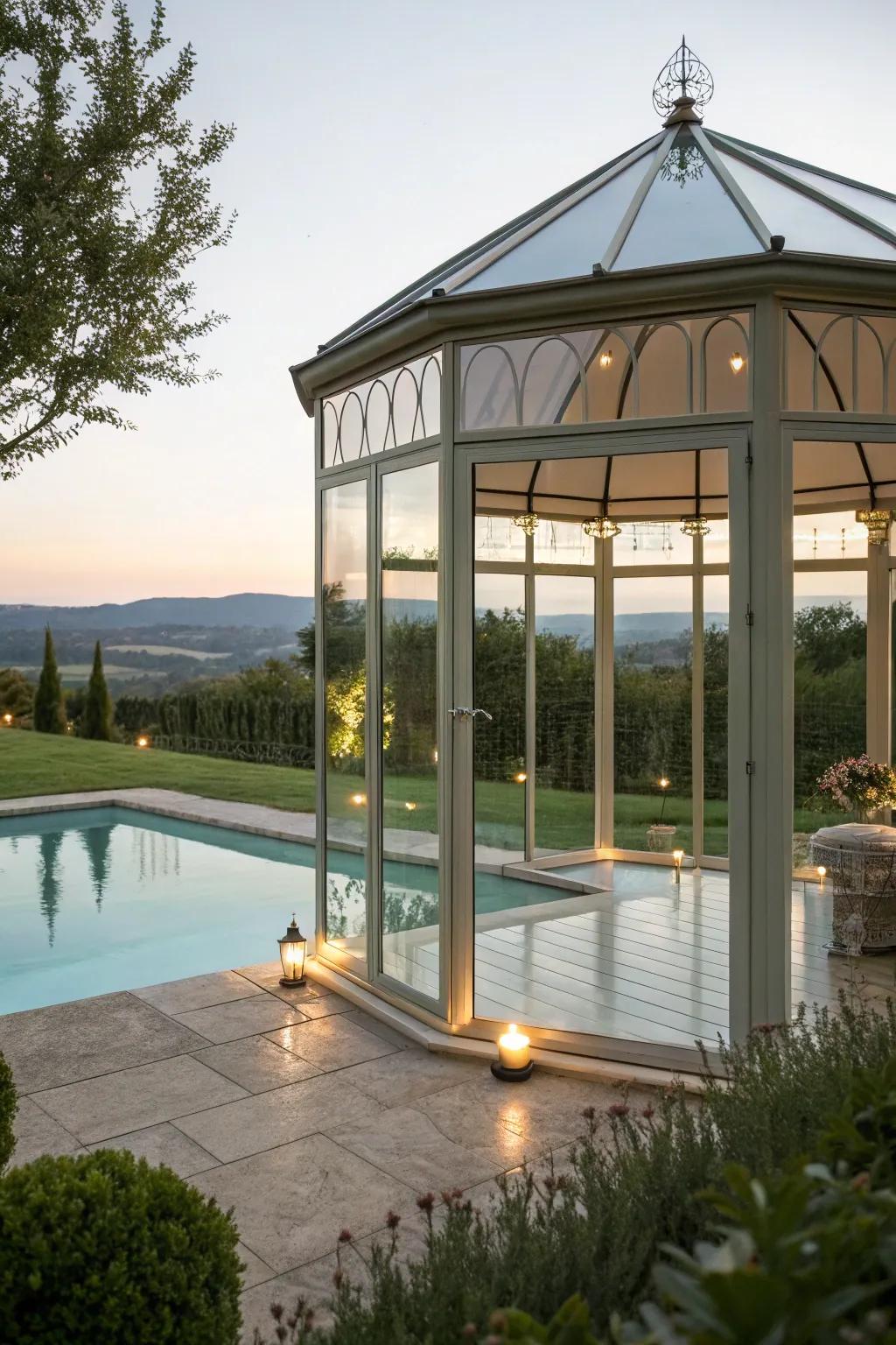 A glass-enclosed gazebo blends transparency with comfort.