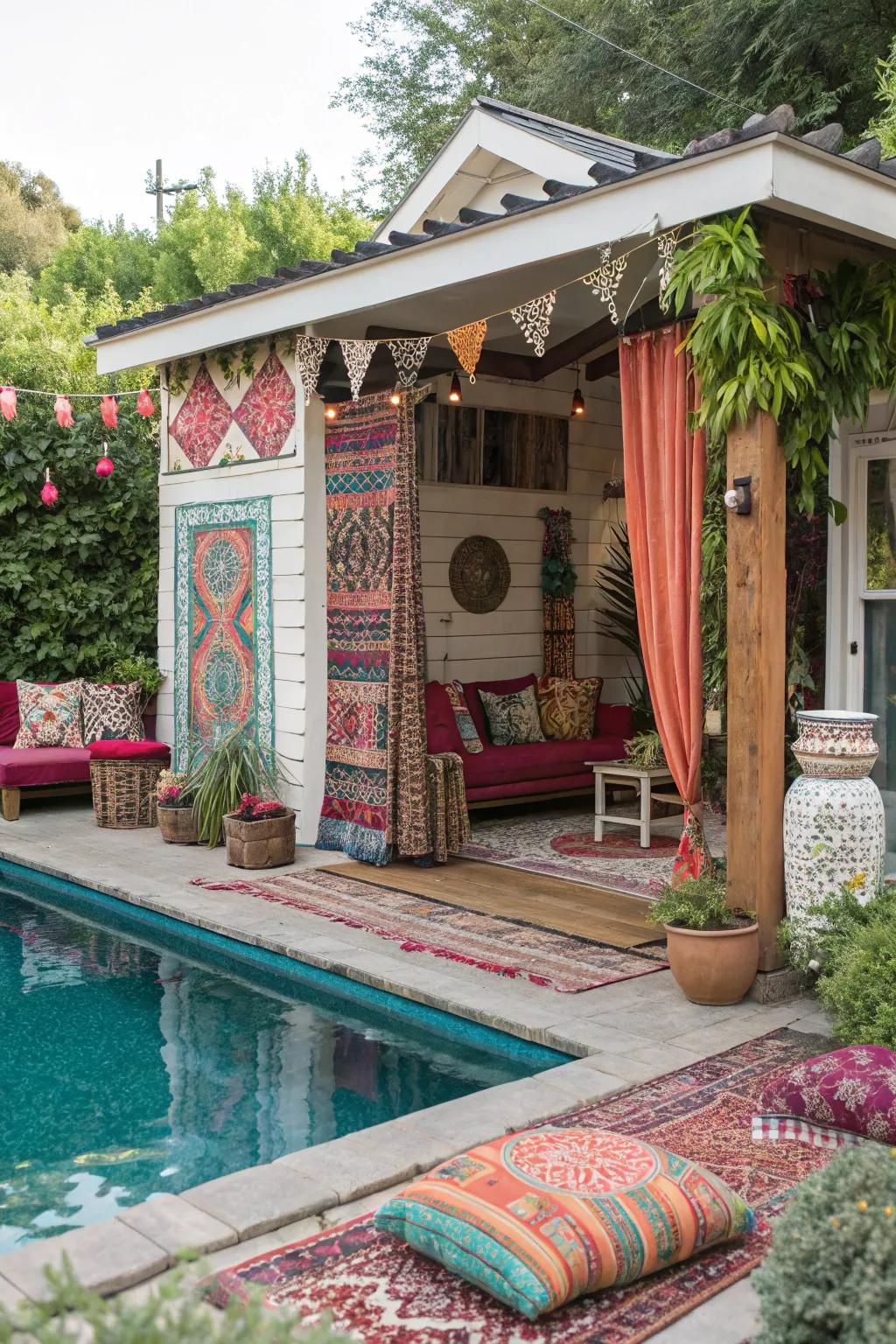 A bohemian-style pool house with vibrant and unique decor.