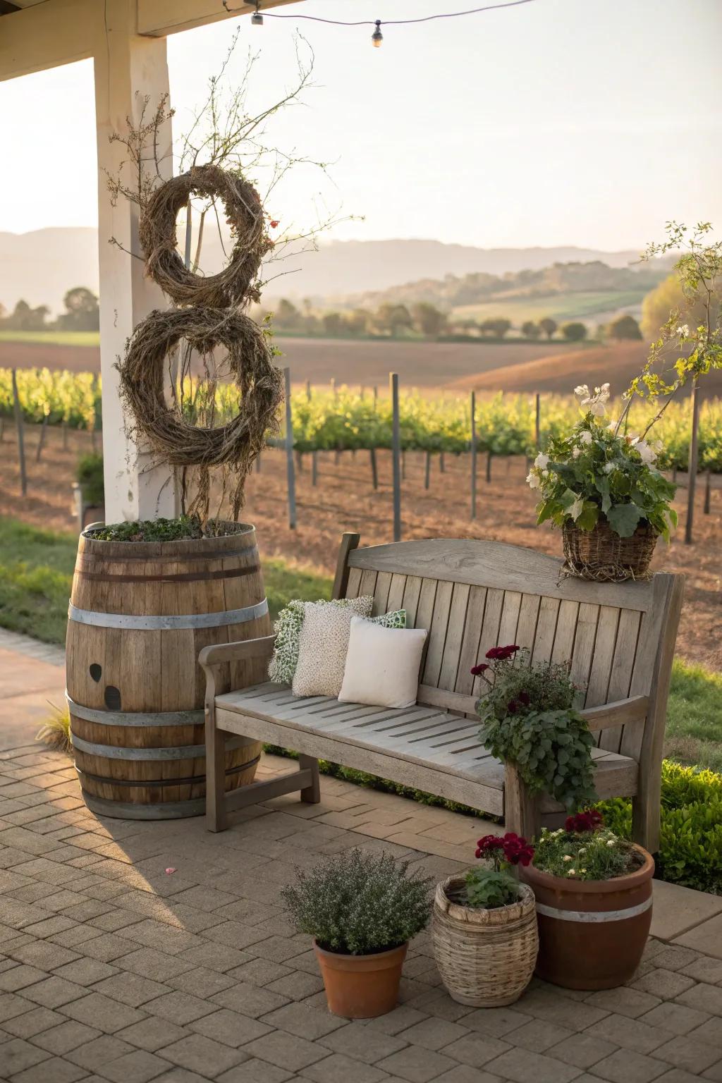A spirit barrel bench incorporates whimsical charm to the porch.