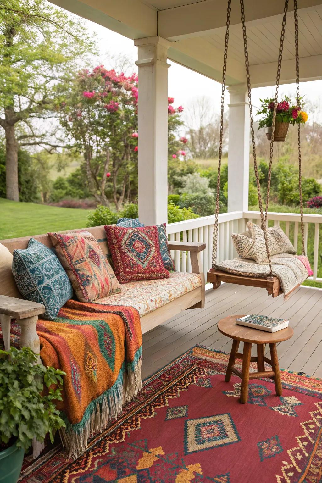 Vivacious textiles injecting hue and comfort into the porch.