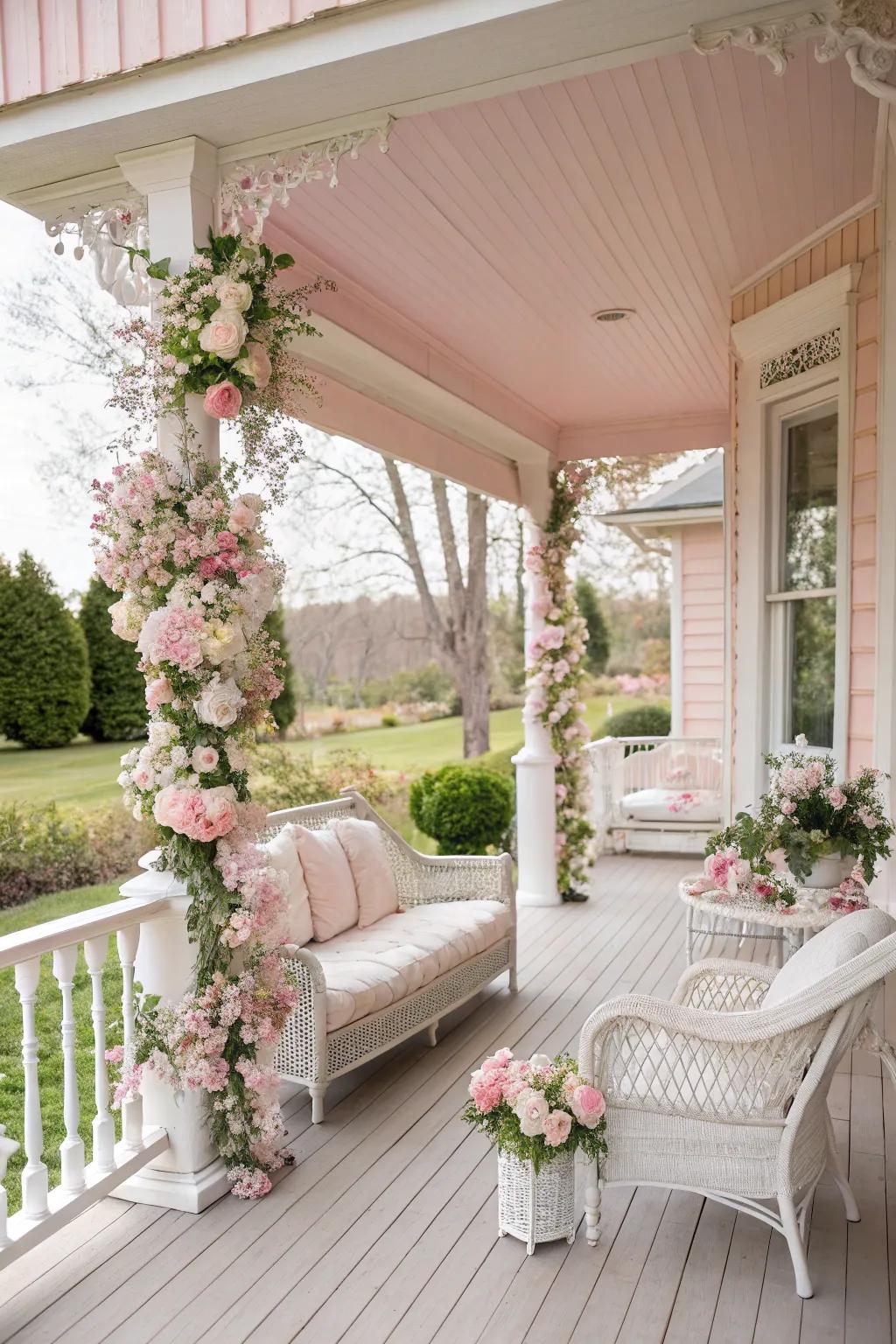 A delicate rose veranda that radiates charm and romance.