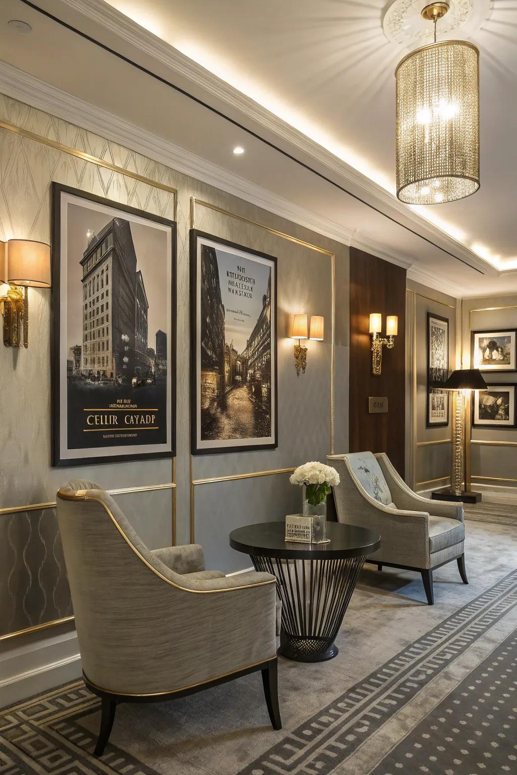 A sophisticated room featuring posters with metallic touches.