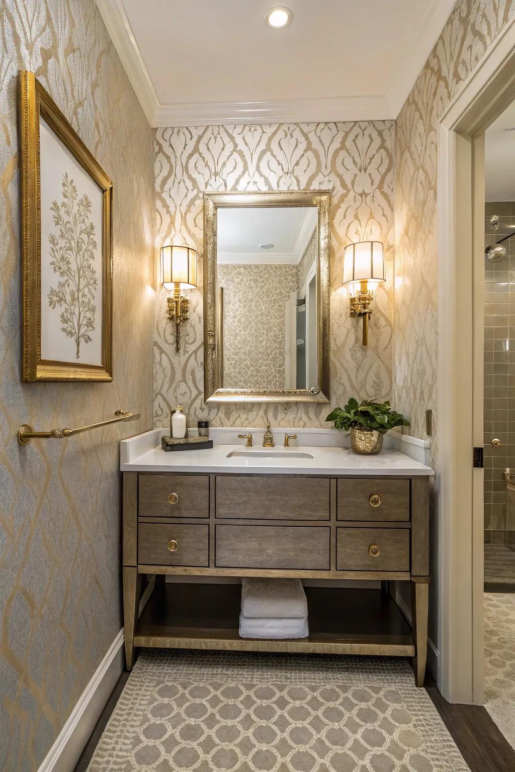A powder room enhanced by the luxury of patterned wall covering.