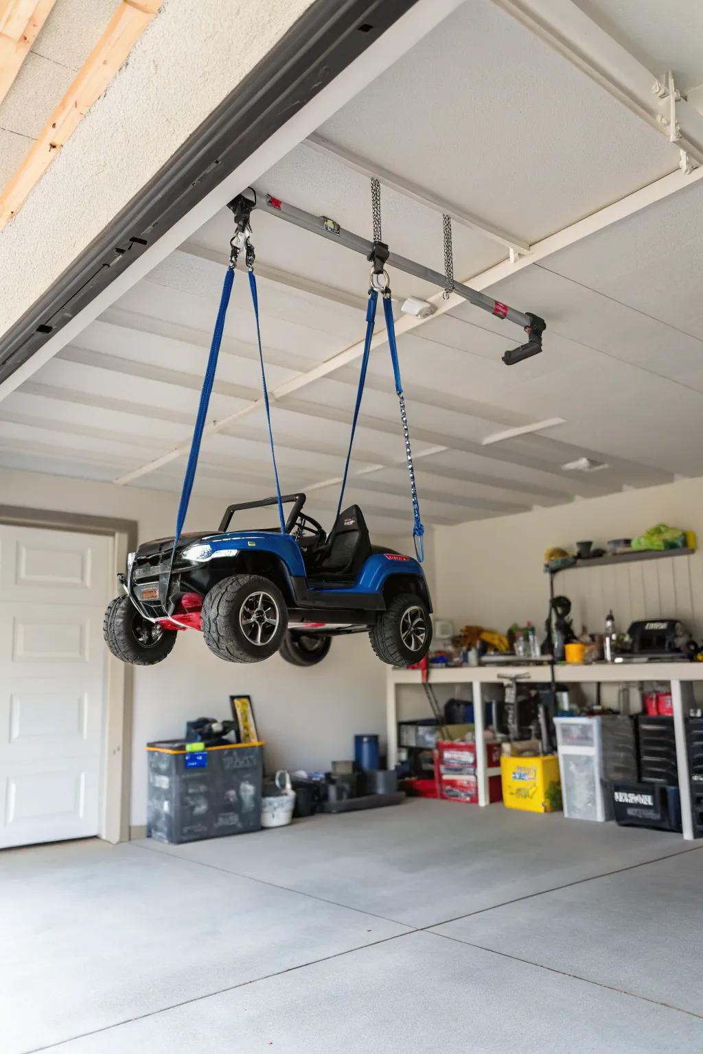Hanging straps suspending ride-on toys to clear floor space.