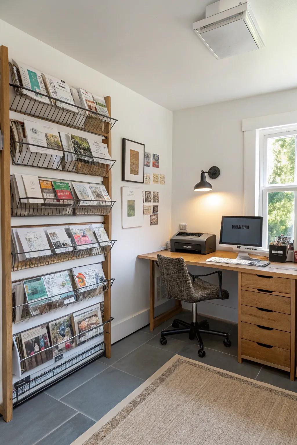 Wall-mounted racks are a contemporary, space-saving paper storage option.