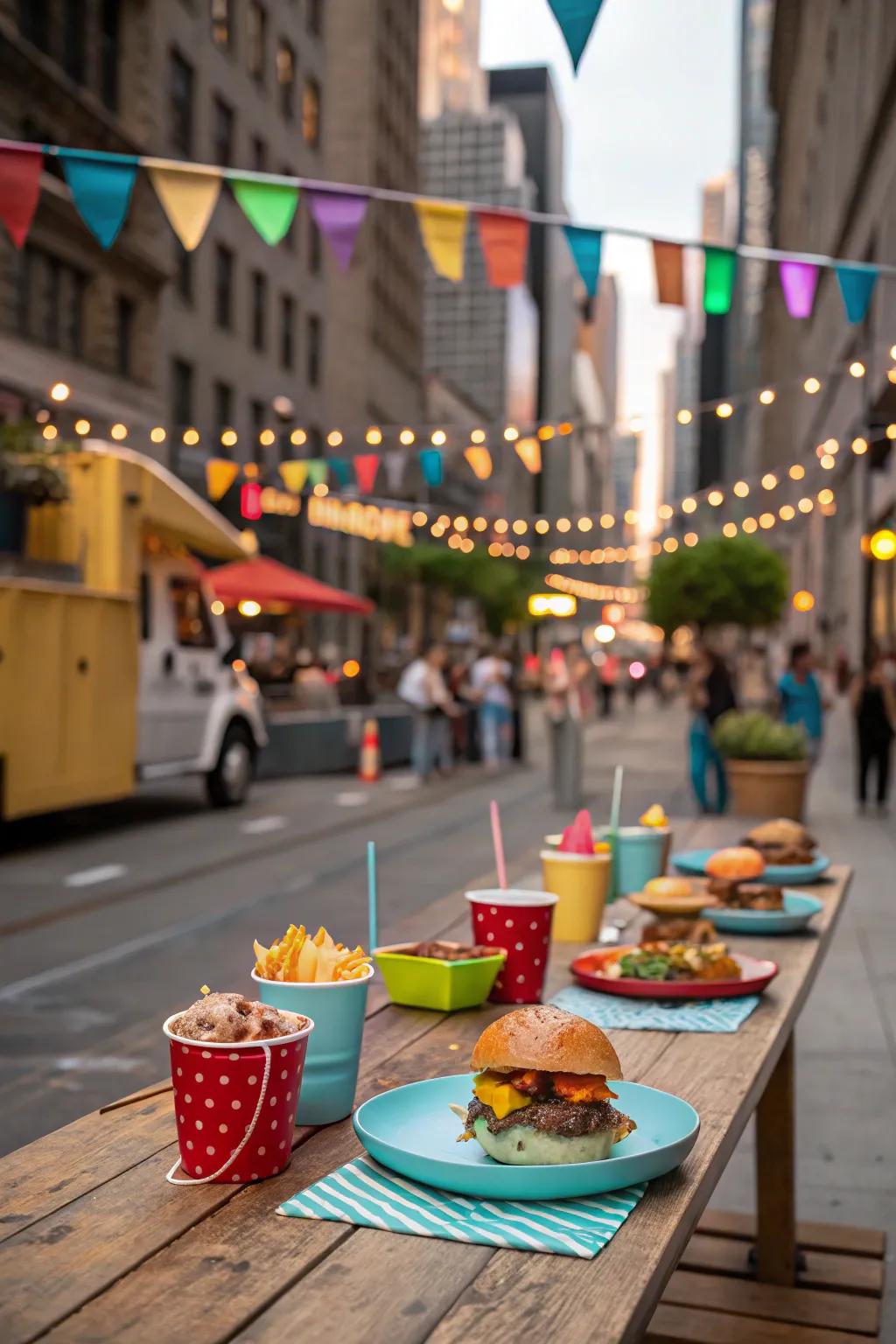 A dining setup that has the vibes of food trucks, with fun street food and playful decorations.
