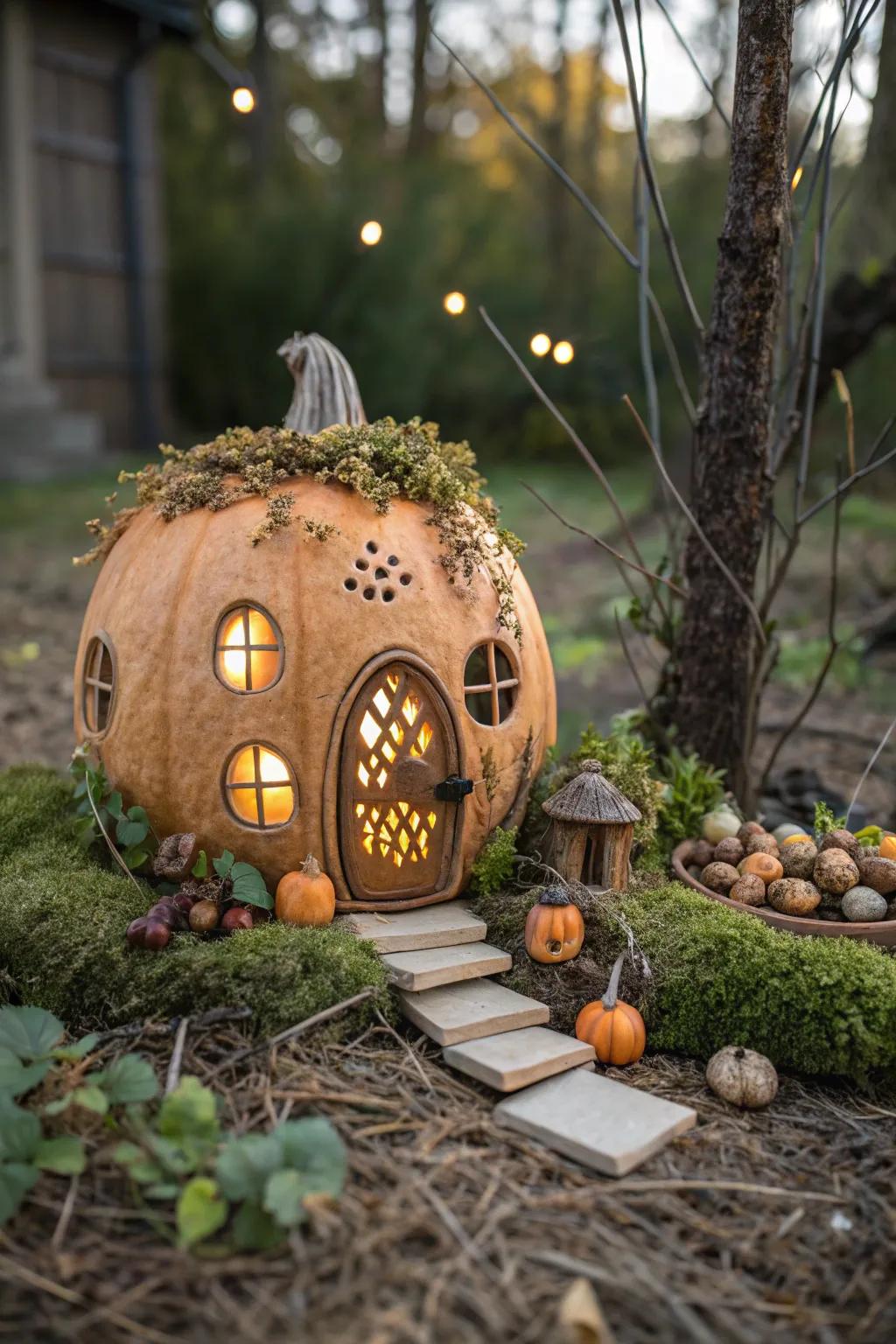 Embrace the magic of autumn with a charming pumpkin fairy house, where simplicity meets enchantment in a miniature garden setting.