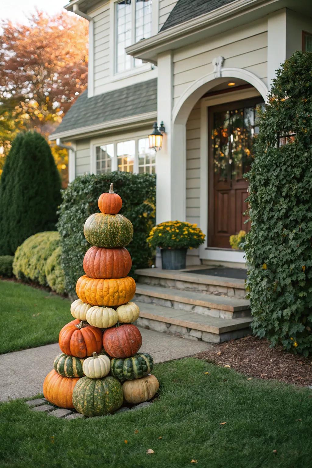Pumpkin topiary adds height and interest to your outdoor decor.