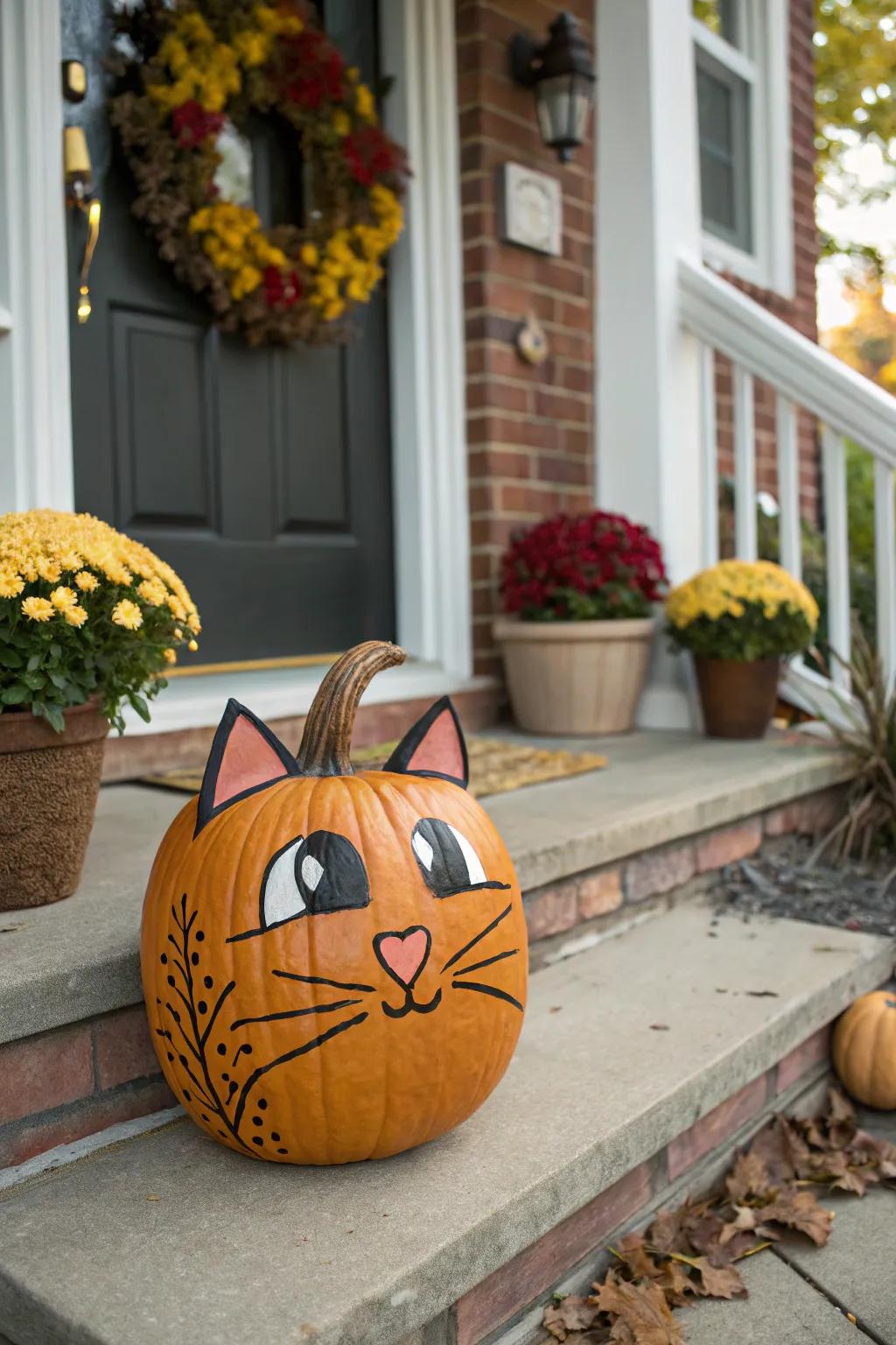 An adorable feline-themed pumpkin adorned with whiskers.