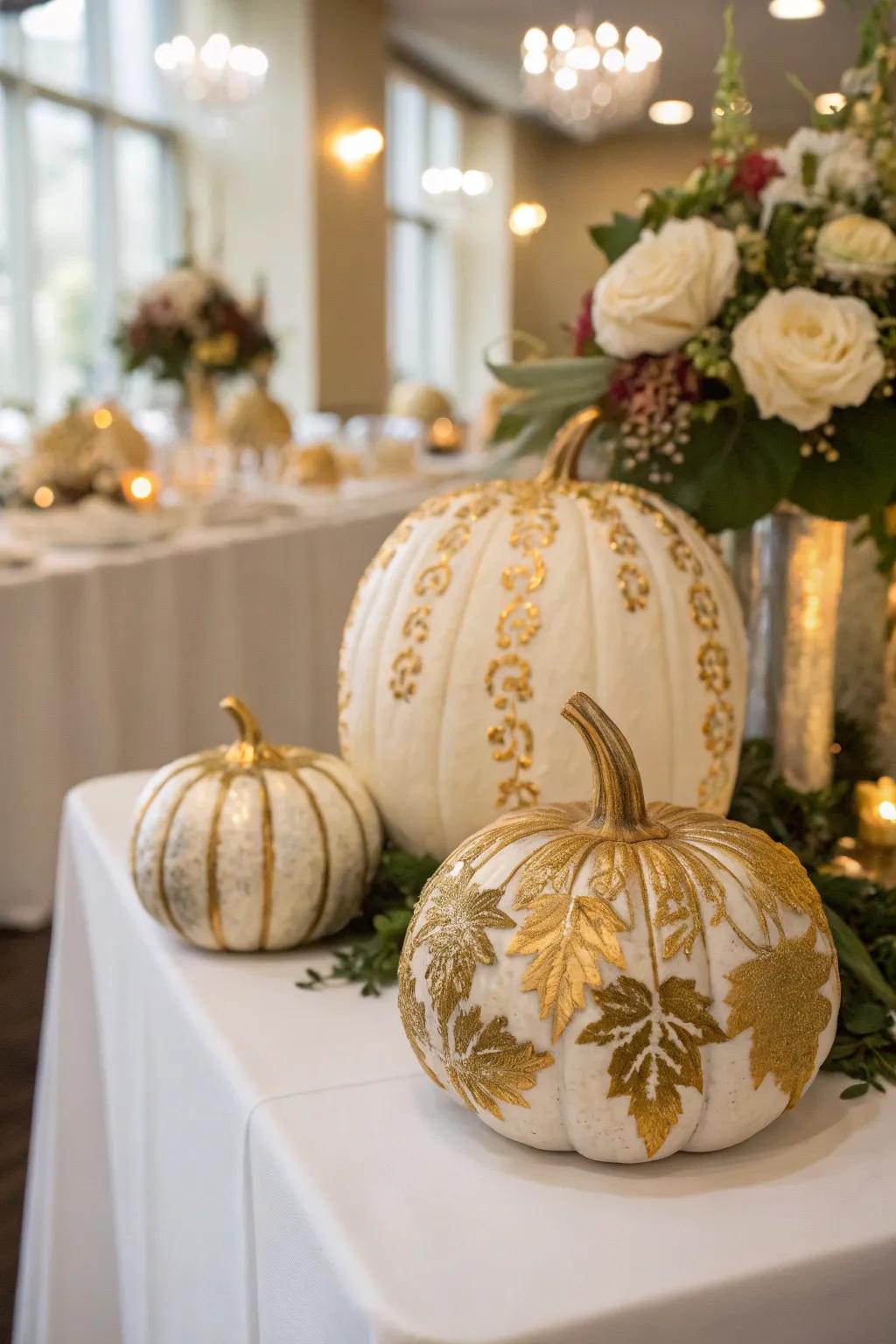 Gilded gourds adding an elegant sparkle to the wedding decor.