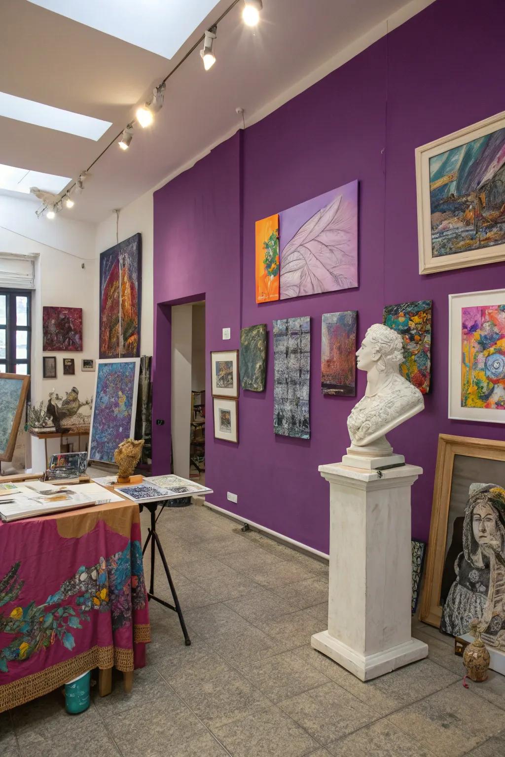 An art studio enlivened by purple walls and dynamic artwork.