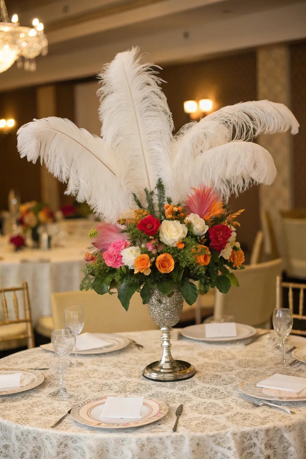 Feathers offer a stylish and opulent addition to centerpieces.