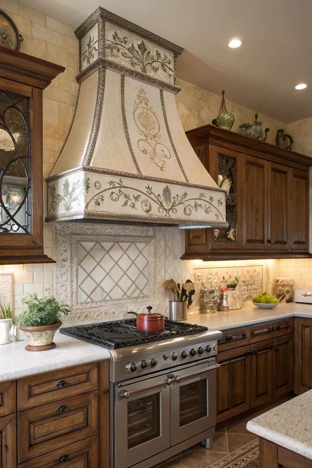 Retro-inspired range hood creates a nostalgic kitchen ambiance.