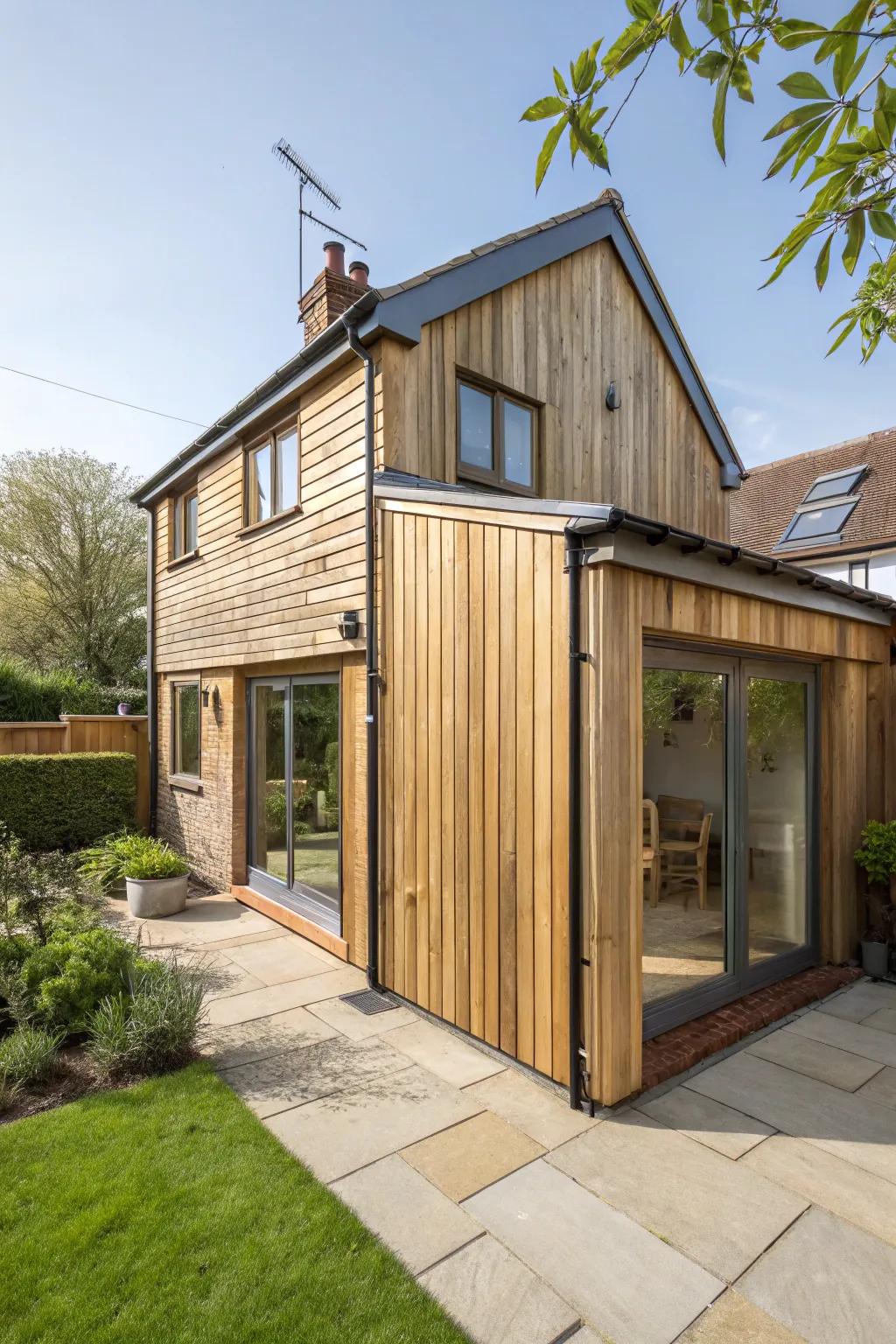 A cozy back house extension with wood covering for a rustic feel.