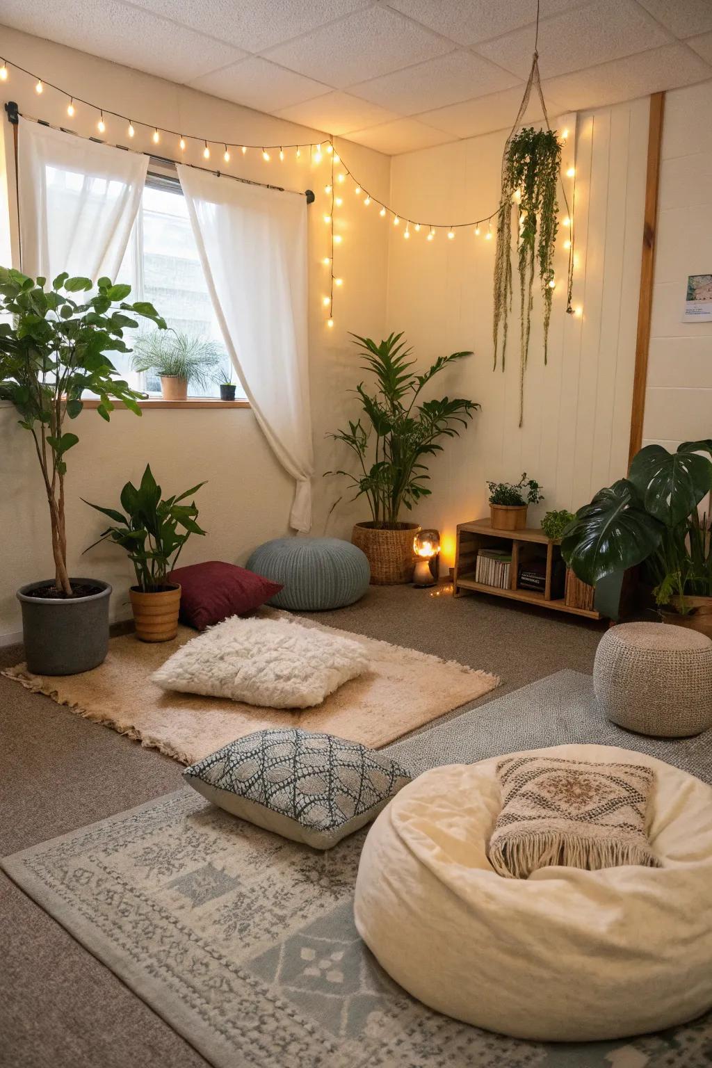 A meditation nook offers a serene escape within your rec room.
