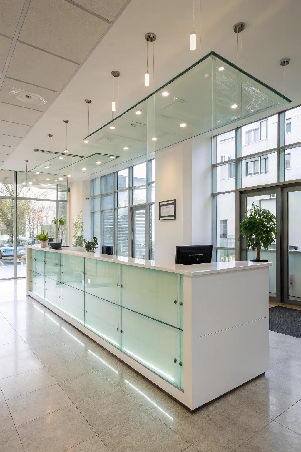 A glass front desk increases light and space.