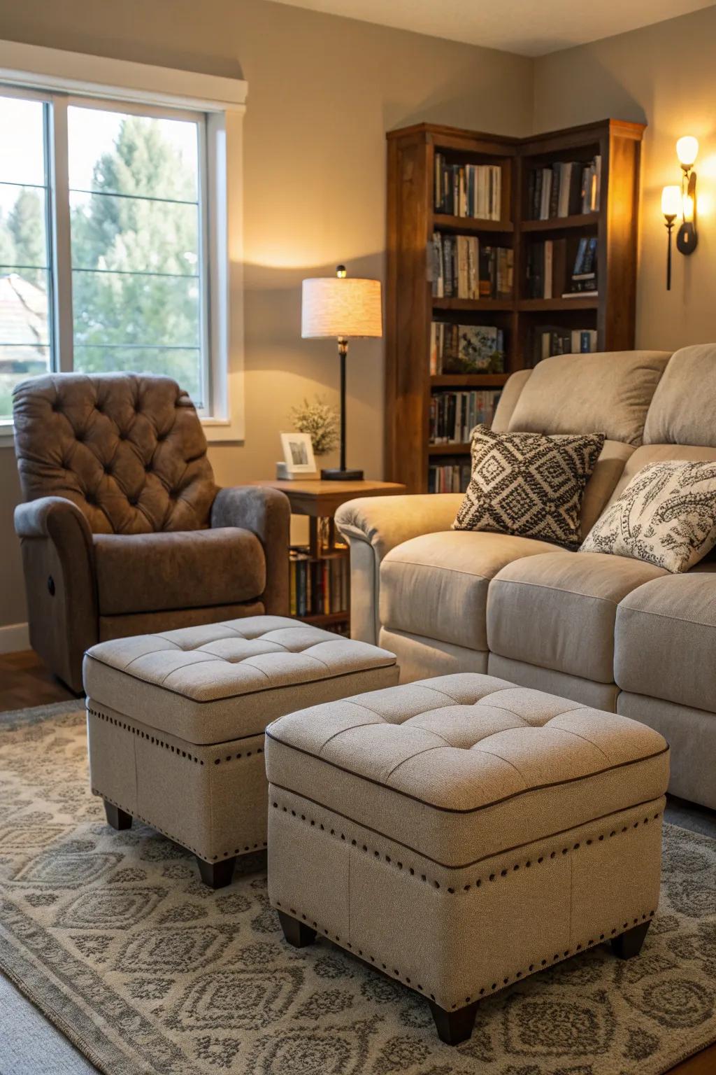 A comfortable living area with footstools enhancing the recliner sofa's functionality and appeal.