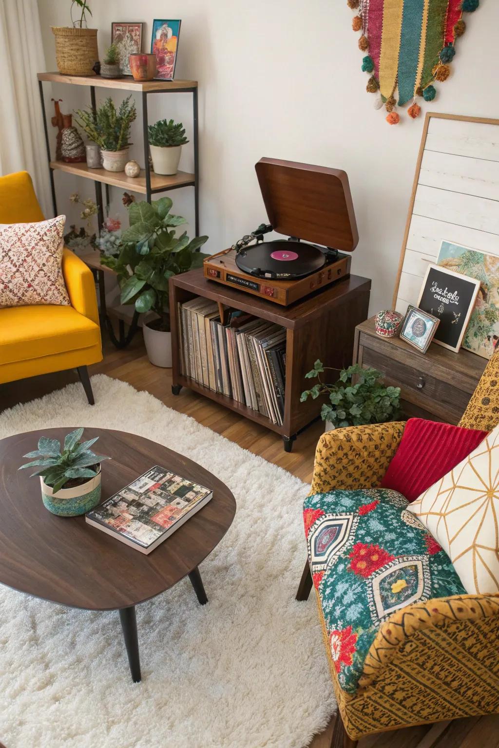 An eclectic record player setup with varied designs and colors.