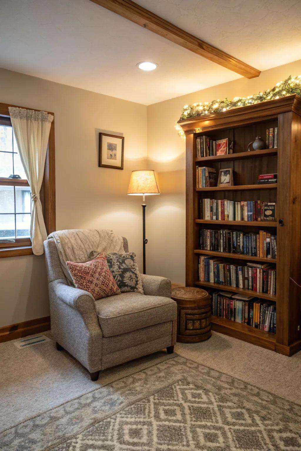 A quiet corner offers a cozy getaway in the space.