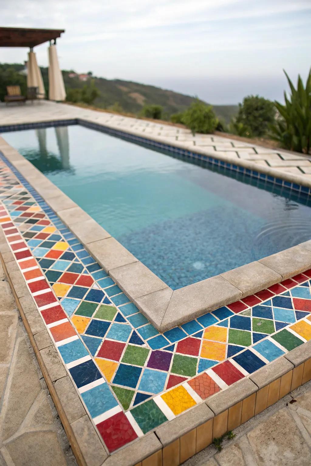 Vibrant mosaic patterns bring an eye-catching touch to the pool.