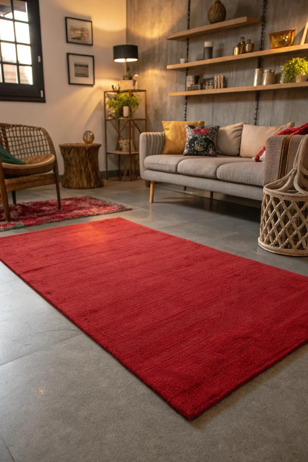 A scarlet rug infuses warmth into a floor laid with grey stone.