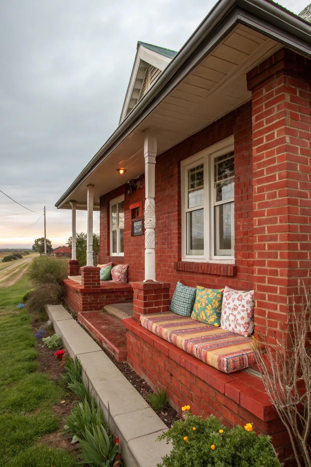 A built-in bench adds functionality and style to this red brick porch.