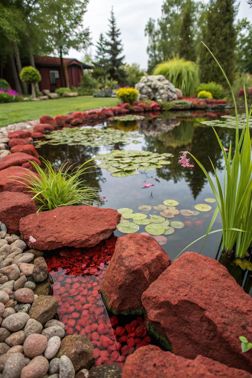 A DIY water filter with crimson volcanic stones sustains a pristine and robust pond.