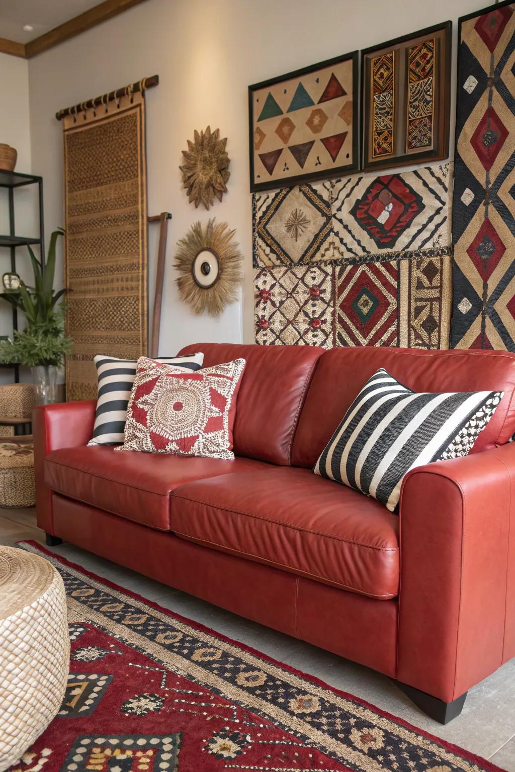 Bold designs inject a playful and unexpected twist to a room featuring a crimson hide sofa.