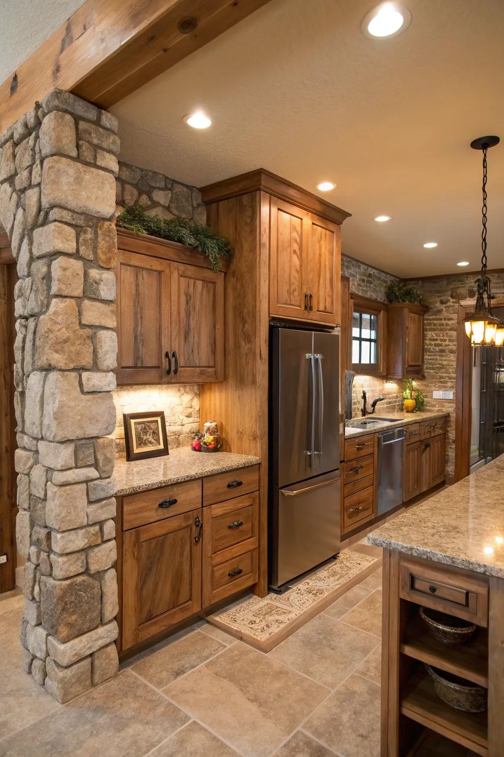 Components from nature surrounding the refrigerator add warmth and texture to the kitchen.