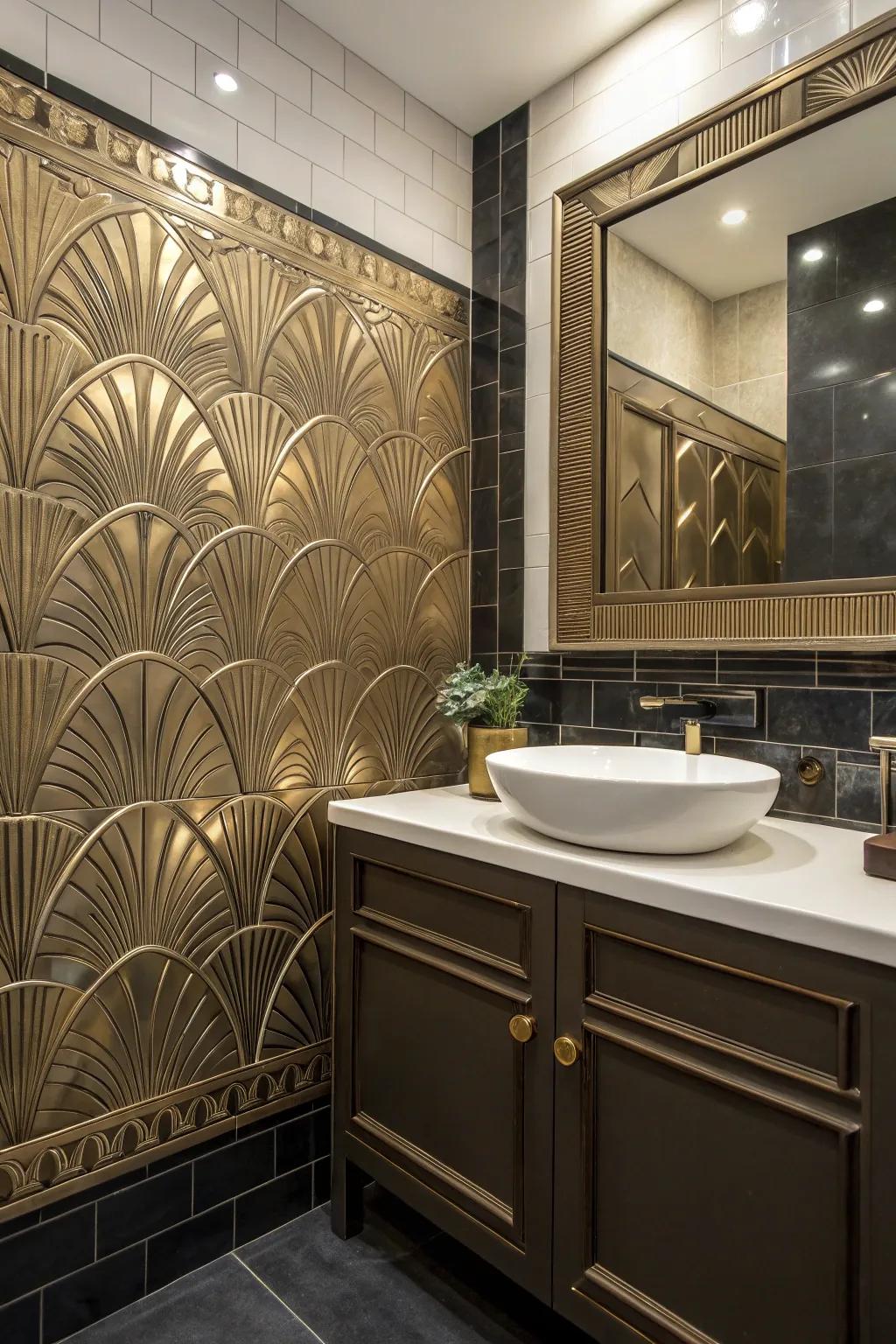 Art Deco tiles add a glamorous touch to the restroom.