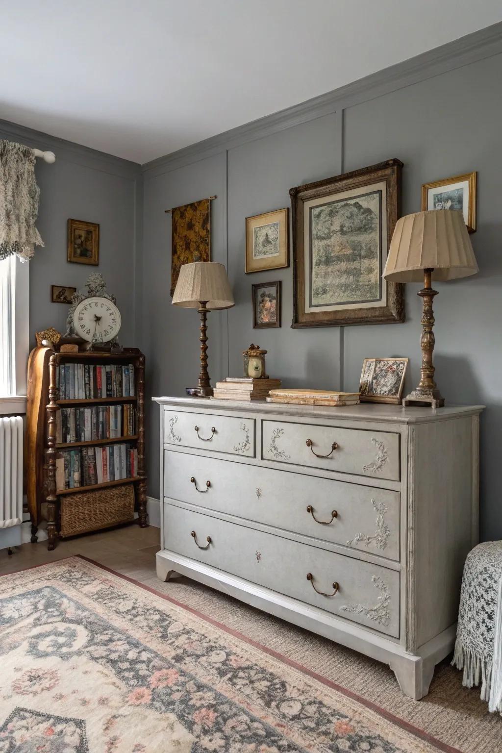 Vintage pieces bring charm and character to a repose gray bedroom.