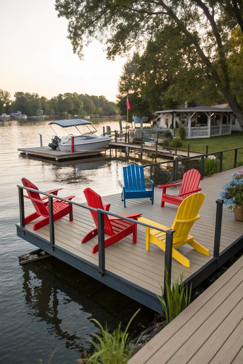 A dock with varied seating that beckons relaxation.