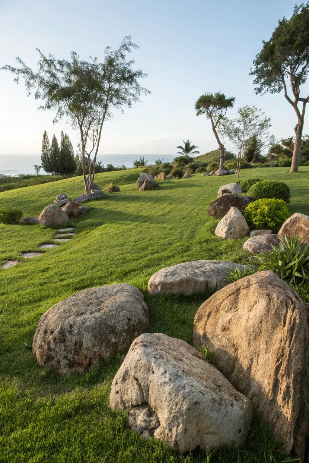 Randomly situated stones append singular character to lawns.