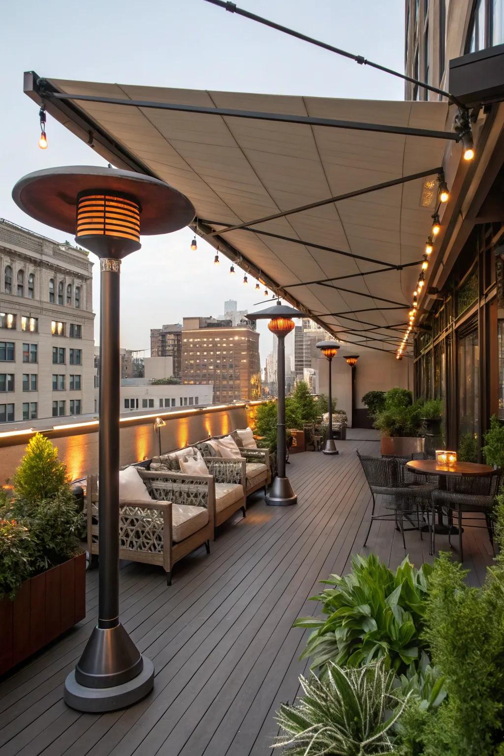 Enjoy your rooftop deck all year with seasonal variations like heaters and awnings.