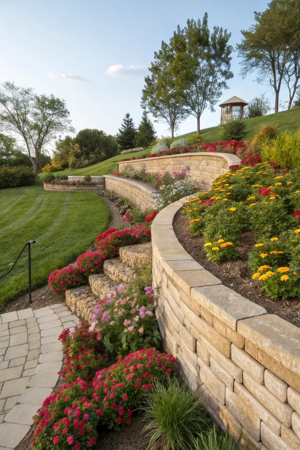 Twisting retaining walls add a moving flow to the landscape.