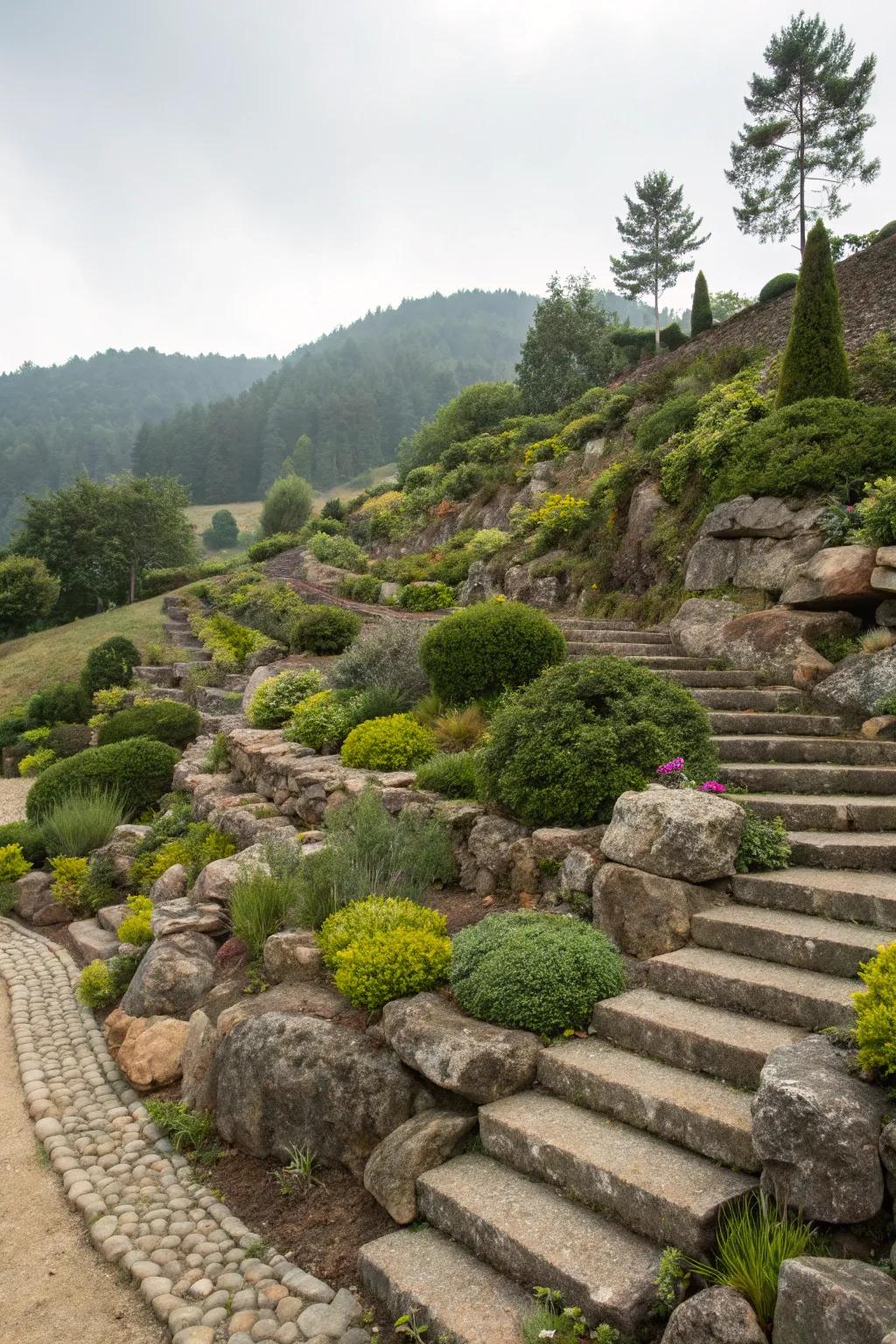 Maximize slopes with tiered stone gardens.